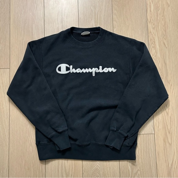 Champion Reverse Weave Script Logo Crewneck Black White Red Men's M Cotton Poly - Picture 4 of 8